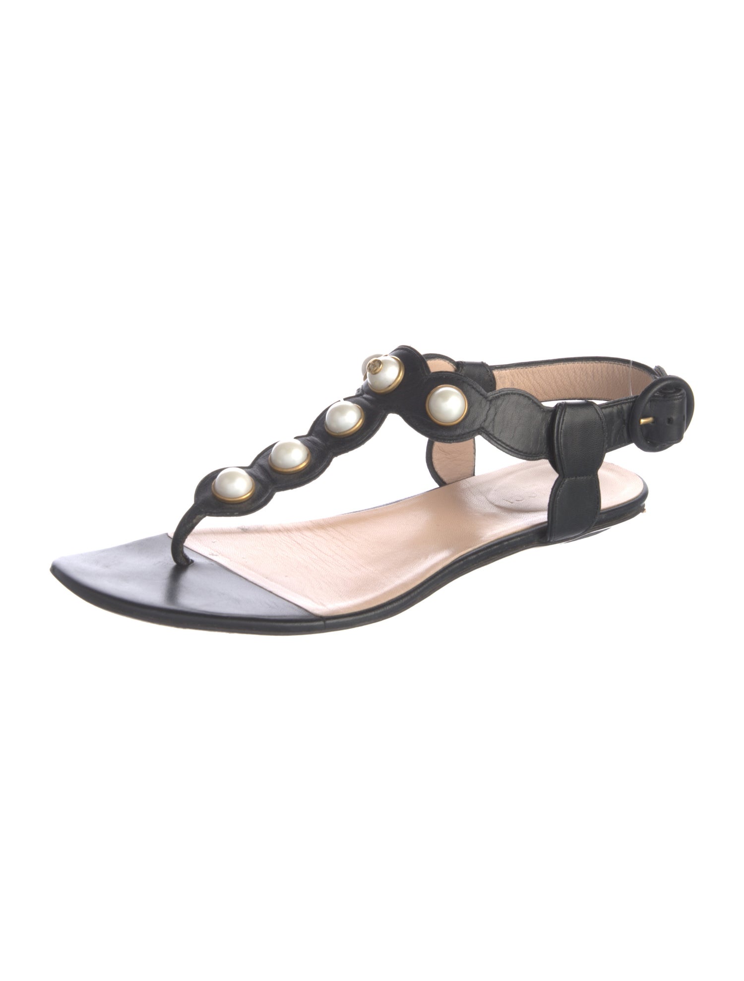 Gucci Faux Pearl Accents Leather T-Strap Sandals